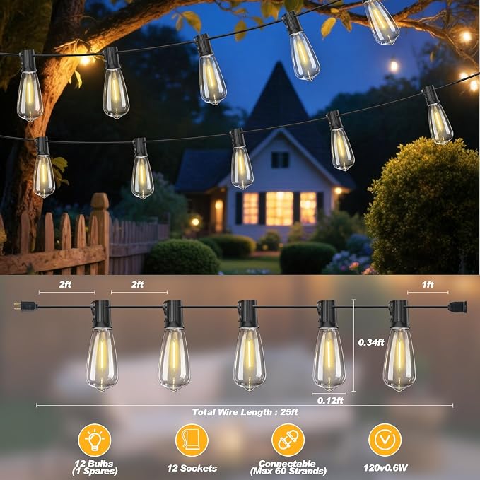 25FT LED Outdoor String Lights Waterproof, Edison Lights for Outside | with 13 Shatterproof Vintage Edison Bulbs Connectable Hanging Patio Lights for Yards Balcony Porch Bistro Garden Decor