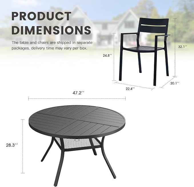 Patio Dining Set for 6, Round 47.3" Patio Dining Table and Stackable Outdoor Dining Chairs Outdoor Furniture for Backyard Porch Deck, Spliced Black Table and Black Chairs