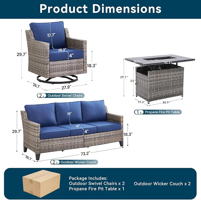 5 Pieces Patio Furniture Set with 42.5" Fire Pit Table-All Weather Wicker Outdoor Furniture with High Back Wicker Patio Chairs Set of 2 Outdoor Couch for Deck Backyard Gray/Blue