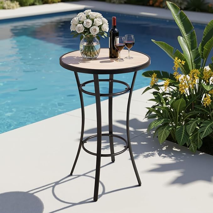 VINGLI Outdoor Bar Table 39" Height, Round Patio High Top Table with Wood-Like Top, All-Weather Metal Bistro Table with Heavy-Duty Iron Base for Garden Balcony Pub Bistro Cocktail Standing