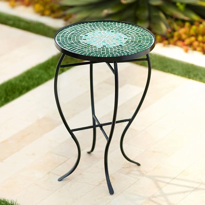 Teal Island Designs Bella Modern Black Metal Round Outdoor Accent Side Tables 14" Wide Set of 2 Set of 2 Green Mosaic Tile Tabletop Gracefully Curved Legs for Spaces Porch Patio Home House Balcony