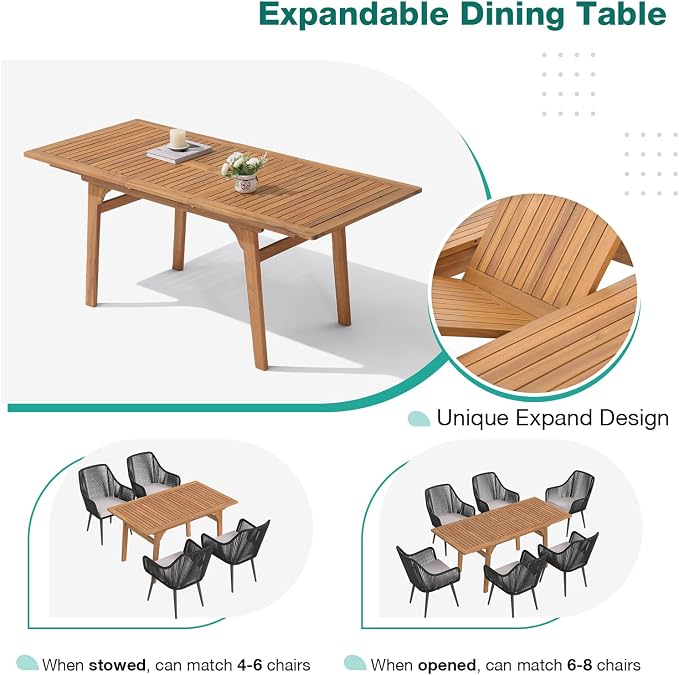 Patiorama 7-Piece Outdoor Dining Set, Patio Wicker Dining Table Chair Set with 55"-71" Acacia Wood Expandable Table & Twisted Rattan Rope Chairs, All-Weather Dining Furniture Set for Yard Garden,Black