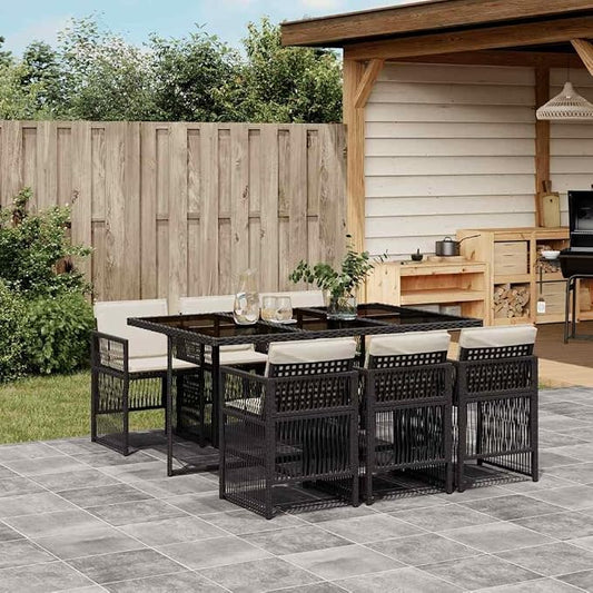7 Piece Outdoor Dining Set for 6, Poly Rattan Patio Table and Chairs, Space-Saving Foldable Garden Furniture with Cushions, Black
