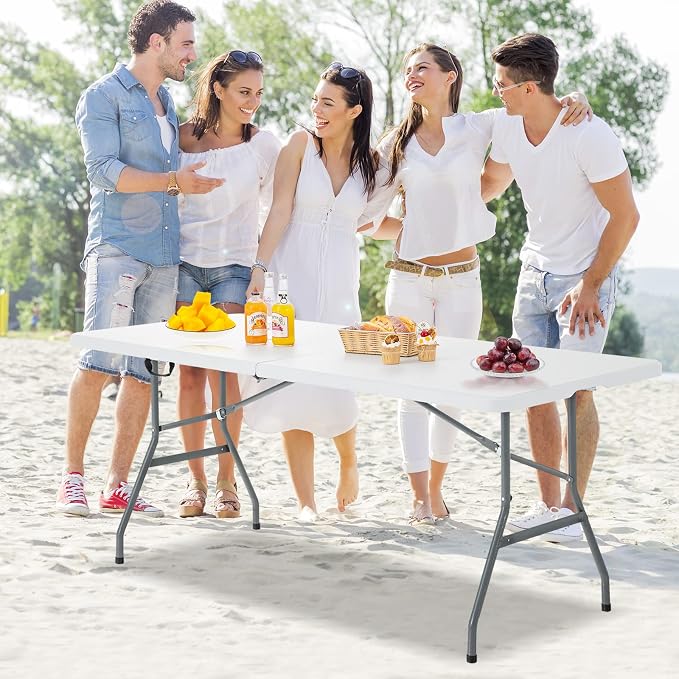 Nightcore White 6' Plastic HDPE Folding Table, Indoor Outdoor Utility Portable Picnic Party Dining Camp Rounded Corners & Handle, Off White