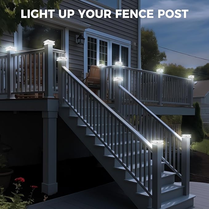 4x4 Solar Post Cap Lights Outdoor with 3 Modes, 8 Packs White Fence Light Solar Powered Waterproof, Wood/Vinyl Post Caps for Deck Yard Garden Patio Porch Outside