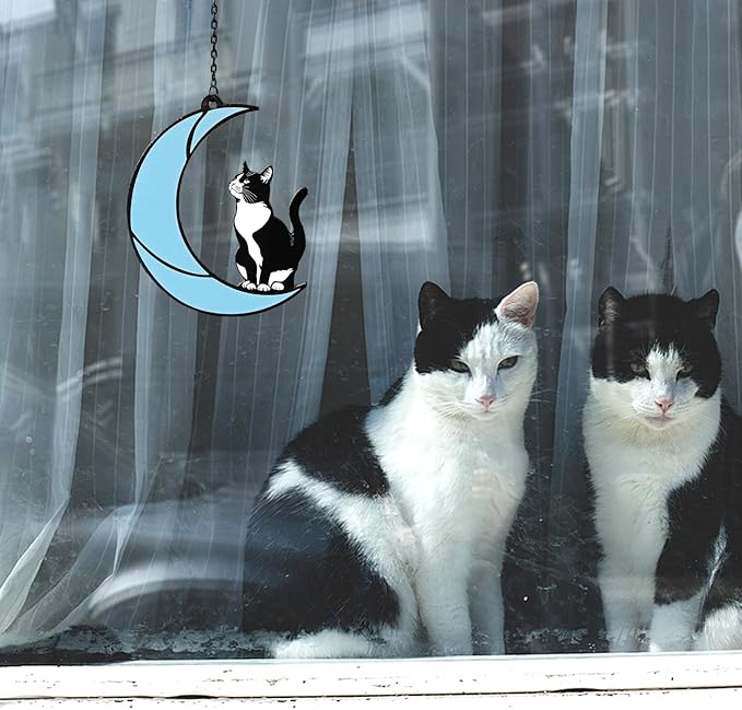 Black and White Cat Gift,Tuxedo Cat Stained Glass Art Suncatcher | Cat memorial gift and home decor for cat lovers, family, or friends; hangs in windows, patios, or gardens to honor memories