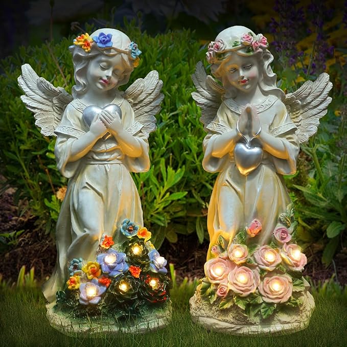 Angel Garden Statue 2Pcs,Love Heart Solar Decor with Warm Light | Waterproof Praying Angel Statue with Flowers,Outdoor Garden Decor Sculpture for Lawn Yard Patio Garden Present, Apricot