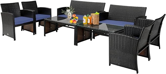Tangkula 8 Pieces Rattan Furniture Set, Outdoor Conversation Set w/Chair & Loveseat & Tempered Glass Coffee Table, Suitable for Garden, Backyard, Poolside, Patio Furniture Set for 8 (2, Blue)
