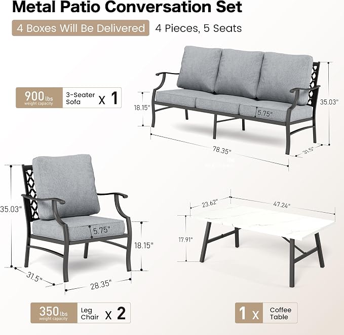 SUNSHINE VALLEY 4 Piece Metal Outdoor Patio Furniture Sets, Patio Conversation Sets 1 3-seater Sofa, 2 Fixed Chair with 5.75" Extra Thick Cushion and Coffee Table, Black Frame Backyard Furniture, Gray