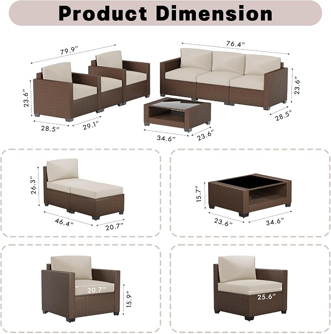 Patio Furniture Set, 7-Piece Outdoor Sectional Couch with Coffee Table & Thick Cushions, Outdoor Wicker Conversation Set for Backyard, Poolside, Garden (Brown-White, 7 Piece-Double)
