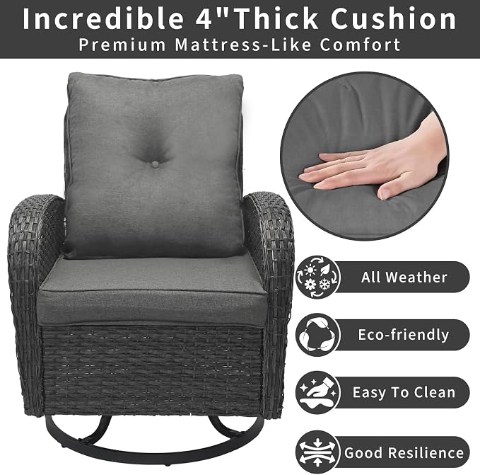 3 Piece Outdoor Swivel Rocker Patio Chairs, All-Weather Rattan Chair, Wicker Glider Patio Furniture Set with Side Table, for Garden, Backyard, Deck, Gray Rattan & Gray Cushions