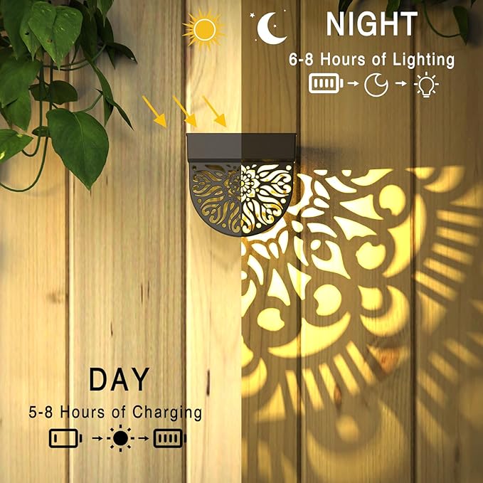 6 Pack Solar Fence Lights Outdoor Wall Lights Black Plastic Solar Powered Deck Step Stair Lights Mandala Theme Waterproof Fence Solar Light for Garden Post Patio Backyard Yard Decor