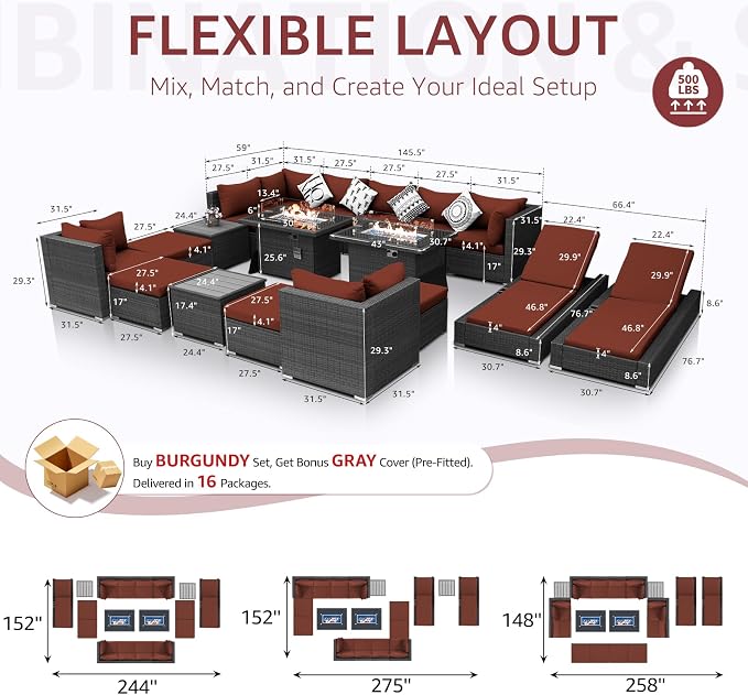 NICESOUL 18 Piece Extra Large Luxury Patio Furniture Set with Firepit, Outdoor Sectional w/Chaise Lounge, Comfy 29.3" High Back Couch Deep Seat, All-Weather Wicker Conversation Set, Gray & Red