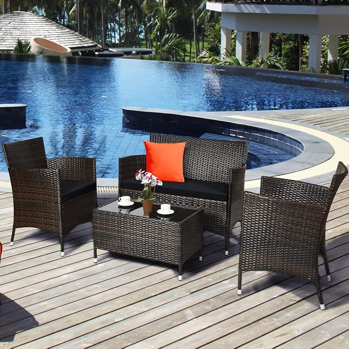 COSTWAY 4PCS Rattan Patio Furniture Set | Outdoor Wicker Rattan Chairs with Coffee Table, Rattan Cushioned Conversation Set for Backyard Balcony Porch Poolside, Black
