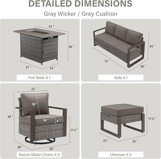 Belord 6 Piece Outdoor Patio Furniture Set with Propane Fire Pit Table, Wicker Patio Conversation Set with 2 Swivel Rocker Chairs Rattan Sofa and Removable 4" Thick Cushions for Deck Backyard