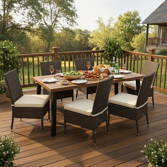Tangkula 67.5 Inch Acacia Wood Outdoor Dining Table for 6, Patio Table with with Umbrella Hole & Metal Legs, Indoor & Outdoor Rectangular Table for Garden Park Poolside Porch