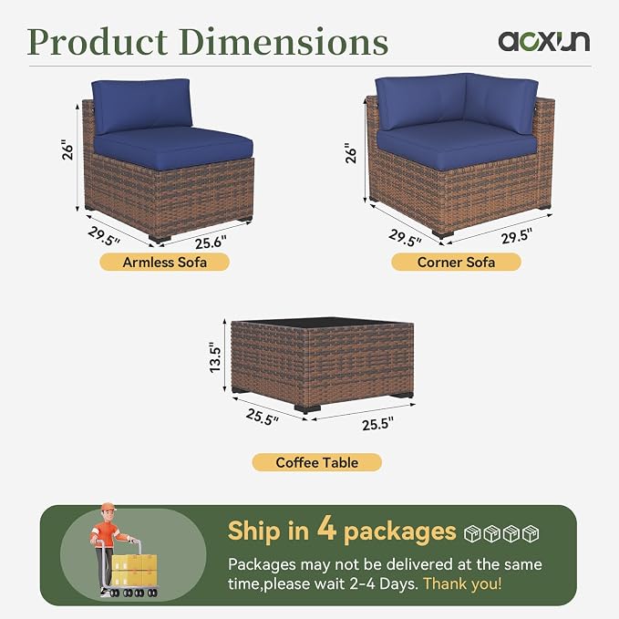 Aoxun 14 Piece Patio Furniture Set Wicker Rattan Patio Conversation Set Outdoor Sectional Sofa Set with Coffee Table and Thickened Cushions, Blue