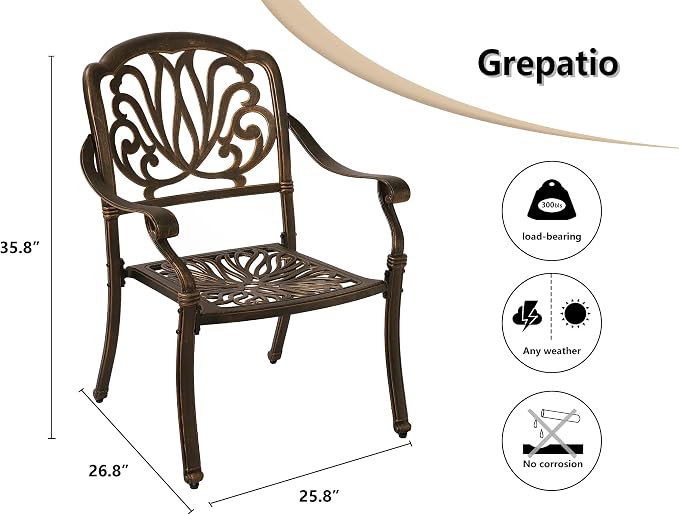 Grepatio 2 Piece Outdoor Cast Aluminum Dining Chairs, Modern Patio Bistro Chair Set of 2, Patterned Back Metal Chairs, Antique Bronze (Without Cushions)