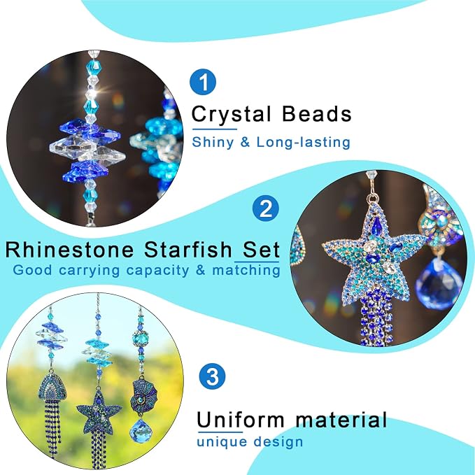 3 Pcs Rhinestone Crystal Ocean Suncatcher Pendants Window Decor | Rhinestone Crystal Suncatcher Pendants Starfish Jellyfish Conch with Beads Prism Hanging for Window Garden Wedding Decor