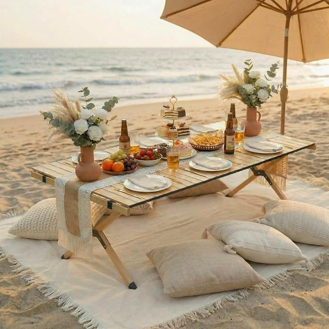 Wesiti 2 Pcs Low Picnic Table Foldable Lightweight Picnic Table Set 34" x 23" with Extra Large Outdoor Camping Blanket Sandproof Boho Beach Woven Cotton Yarn Blanket for Camping Beach Patio