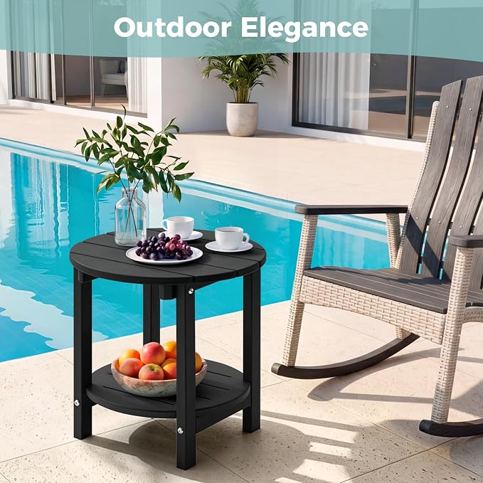 Outdoor Side Table, Adirondack Round 2-Tier Patio Table, Easy Maintenance & Weather Resistant, HDPE End Table for Backyard, Pool, Patio, Porch, Black