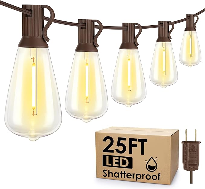 25FT Outdoor String Lights, Patio Lights with 10+1 LED Dimmable Waterproof Shatterproof Linkable ST38 Bulbs for Fence Porch Gazebo, Brown