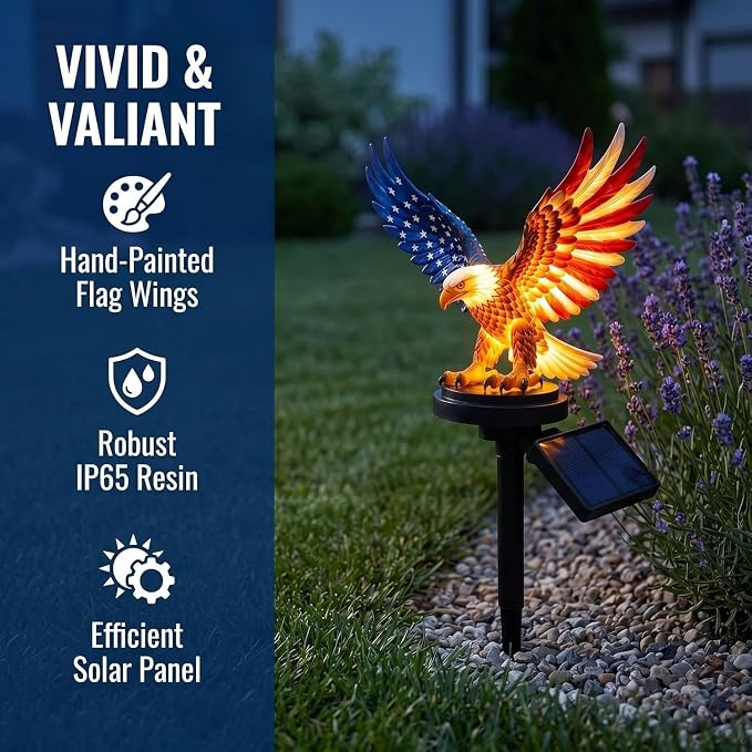 Solar Eagle Garden Light, Outdoor Patriotic Stake 250th Anniversary America Eagle Sculpture Waterproof Light for Fourth of July Memorial Day Yard Lawn Pathway Decor 1 Pack