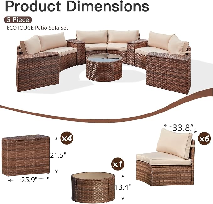 ECOTOUGE Outdoor Patio Furniture, 11-Piece Half-Moon Sectional Patio Furniture Set Curved Sofa with Tempered Glass Round Coffee Table, Fit for Pool Backyard Balcony Porch Lawn(Beige/Brown)
