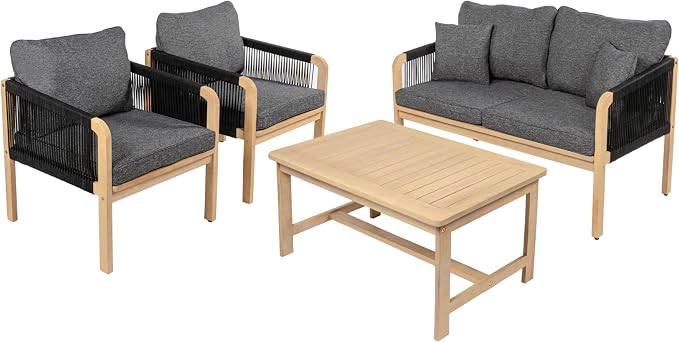 JONATHAN Y Tavira Coastal 4-Piece Acacia Wood Outdoor Patio Set, Black Woven Rope Conversation Furniture with Coffee Table and Removable Dark Gray Cushions for Backyard, Garden, Porch LVG1202B-4SET