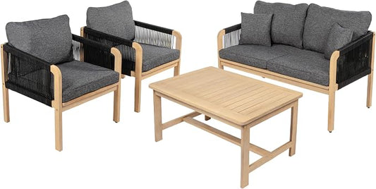 JONATHAN Y Tavira Coastal 4-Piece Acacia Wood Outdoor Patio Set, Black Woven Rope Conversation Furniture with Coffee Table and Removable Dark Gray Cushions for Backyard, Garden, Porch LVG1202B-4SET