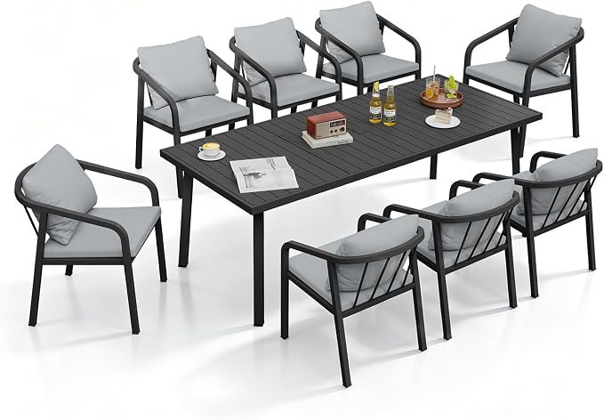 9 Pieces Patio Dining Set, Never-Rust Aluminium Patio Table and Chairs for 8, Outdoor Dining Set with Rectangle Table, Outdoor Dining Chairs with Removable Cushions for Poolside, Garden, Black