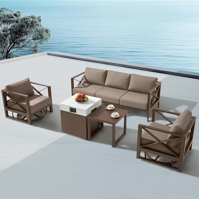 7-Piece Aluminum Patio Furniture Set with Fire Pit Table, Swivel Rocking Chairs & Oversized Sofa, All-Weather Outdoor Conversation Set for Backyard, Deck, Balcony – Brown