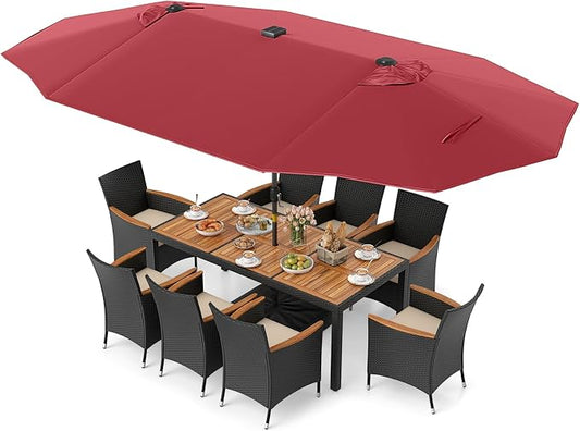 Tangkula 11 Pieces Patio Dining Set with Double-Sided Led Patio Umbrella (Base Included), with 8 Stackable Chairs, Acacia Wood Dining Table and Large Umbrella with Solar Lights (Burgundy + Off White)