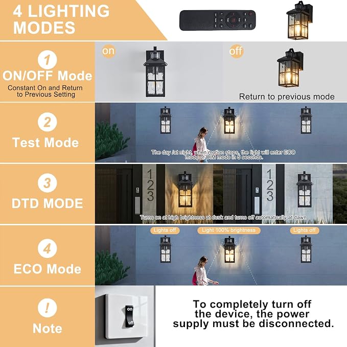 Porch Lights with GFCI Outlet with Remote | Dusk to Dawn Motion Sensor Outdoor Light, Upgraded 4 Lighting Modes Exterior Fixture Outside Lights for House Patio Garage