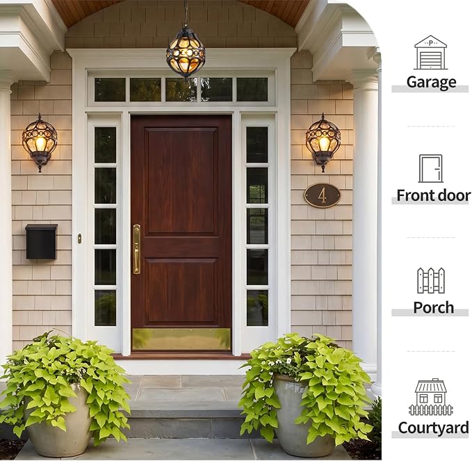 2 Pack Black Globe Outdoor Wall Lights, Round Exterior Wall Sconce for Patio, Porch, Garage, Anti-Rust Aluminum Wall Mount Lighting Fixture, Classic Wall Lantern with Ornate Cage & Amber Glass