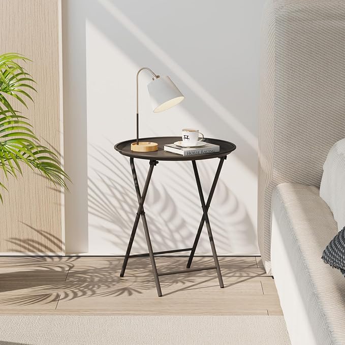 Garden 4 you Folding TV Tray Table, Metal Round Side Table, Black Dinner Table with Metal Frame, Modern Outdoor Tray Table for Living Room, Bedroom, Patio & Small Spaces, 2 Packs