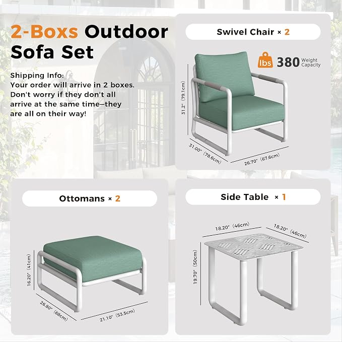 Outdoor Aluminum Patio Furniture Set, 5 Pieces Conversation Set with 6.5 Inch Cushions & 2 Ottomans, All-Weather Rust-Resistant Frame Conversation Set for Porch, Garden, Backyard, White