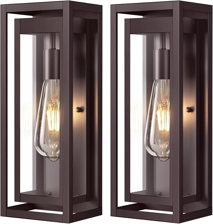 15" Large Oil Rubbed Bronze Outdoor Light Fixture, 2 Pack ORB Outdoor Sconces, Modern Waterproof Wall Lights with Clear Glass Shade for Front Door, Porch, Garage