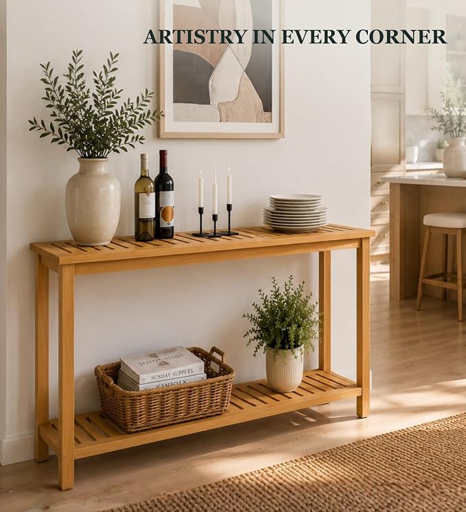 Premium 2-Tier Wooden Console Table with Storage Shelf Solid Eucalyptus Wood 48.03"x 16.14"x 31.1" Entryway Sofa Table for Hallway, Living Room (Golden)