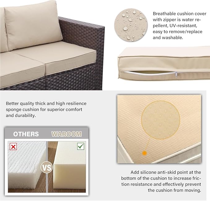 4 Piece Outdoor Patio Furniture Set Brown Rattan Sectional Sofa Couch with Storage Box, PE Wicker Conversation Sets, Glass Top Table, Khaki Cushions for Backyard Garden Lounge