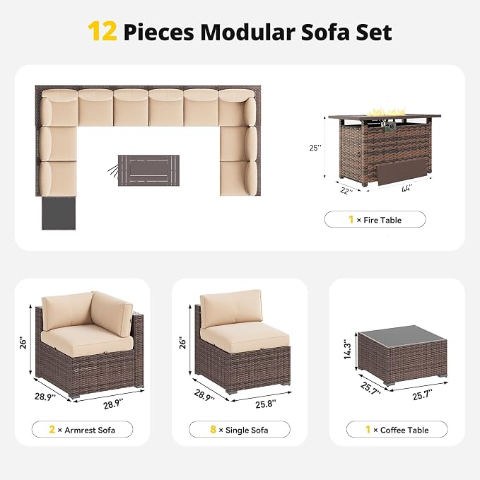 Aoxun Patio Furniture Set with Fire Pit Table, 12 Piece Outdoor Sectional Sofas, 10 Seats Wicker Outdoor Furniture with Thickened Cushion for Backyard, Garden (Brown Rattan Beige Cushions)