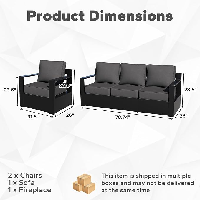 Outdoor Aluminum Furniture Set, 4-Piece Patio Conversation Set, 2 Chairs, 1 Sofa and 1 Fireplace, All-Weather Metal Frame, 6" Thick Removable Cushions, Deep Setting for Garden, Poolside and Porch