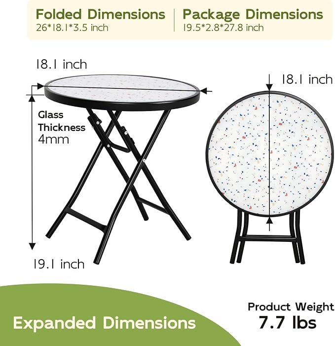 Abba Patio Bistro Table,18" Round Folding Side Table with Tempered Glass Tabletop,Small End Table for Outdoor Indoor Yard Garden Balcony Coffee, Colored Dots