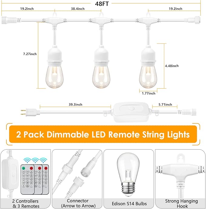 96FT(2x48FT) 3 Colors LED Outdoor String Lights with Remote, White | Plug in, Jump/Fade/Static Modes, 2700K/4000K/5000K, 30+2 S14 Bulbs, Shatterproof, Waterproof, Dimmable, for Pergola
