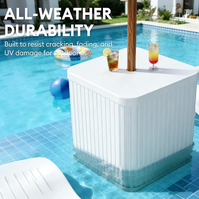 Umbrella Side Table Outdoor Patio Table with Umbrella Hole, Heavy Duty Plastic Poolside Table Holds 132 lbs with Water Filled Base, Fits ≤1.5”Umbrella Pole for Poolside & Backyard, White