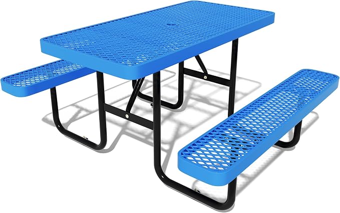 Picnic Tables for Outdoors,Commercial Metal Picnic Table Bench Set with Umbrella Hole,School Canteen Tables W/Seats - Heavy Duty Sturdy Picnic Tables Furniture for Patio Garden (Blue, 4FT)
