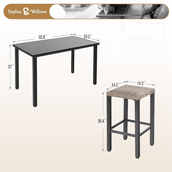 Sophia & William 5 Pieces Outdoor Patio Bar Set for 4, Patio High Dining Table and Chairs Set, Patio Bar Table and 4 Rattan Bar Stools, Outdoor Counter Height Bistro Set Furniture for Porch Lawn Yard