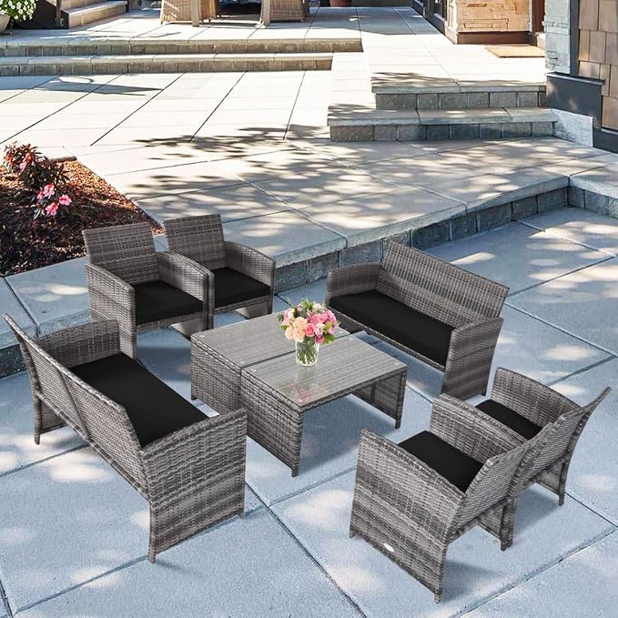 Outdoor Conversation Set, 8 Pieces Wicker Patio Furniture Set with Ergonomic Curved Design, Patio Chair Set with Water-Resistant Cushion & Tempered Glass Table for Balcony,Porch (Black)