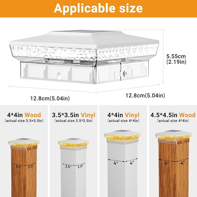 btfarm 2 Pack Solar Post Cap Lights Outdoor, 2 Mode 16 LED Fence Post Light Fit 4x4 3.5x3.5 Wooden/Vinyl, Waterproof Bright Solar Powered Lights Outside for Deck Patio Porch Garden Decoration, White