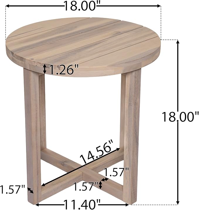 Merax Acacia Outdoor Wood Round Accent Side Table, Cross Base Design with Slat Detailing, Weather-Resistant, Light White